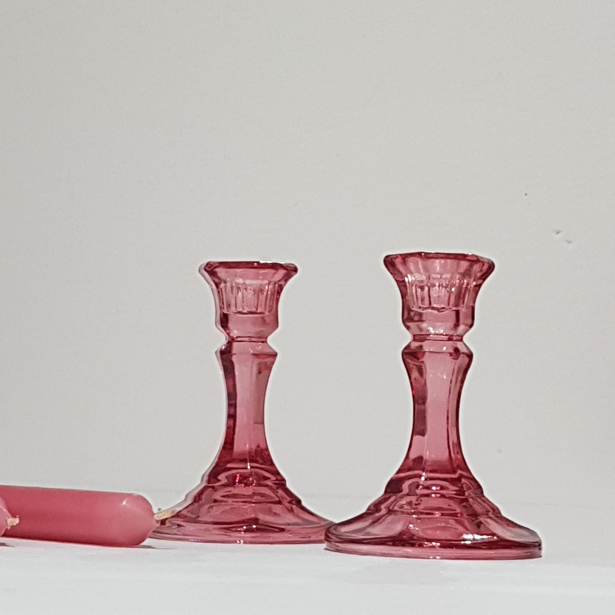 Pair of Vintage Pink Glass Candlestick Holders, Pink Glass Tapered Candle Holder