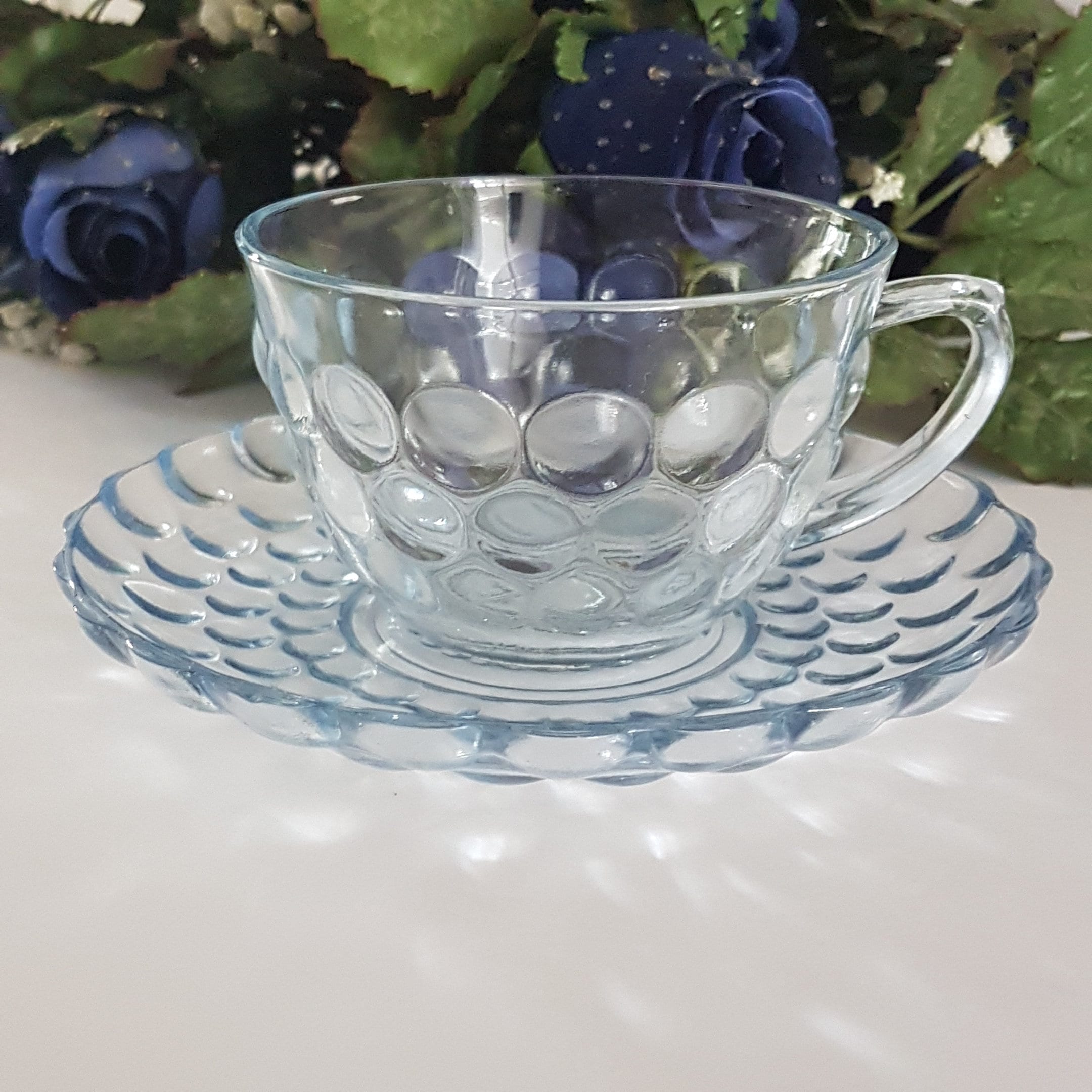 Tea Cup and Saucer, Vintage Anchor Hocking Blue Bubble Glass, Blue  Depression Glass, Collectible Glass, 1940s 