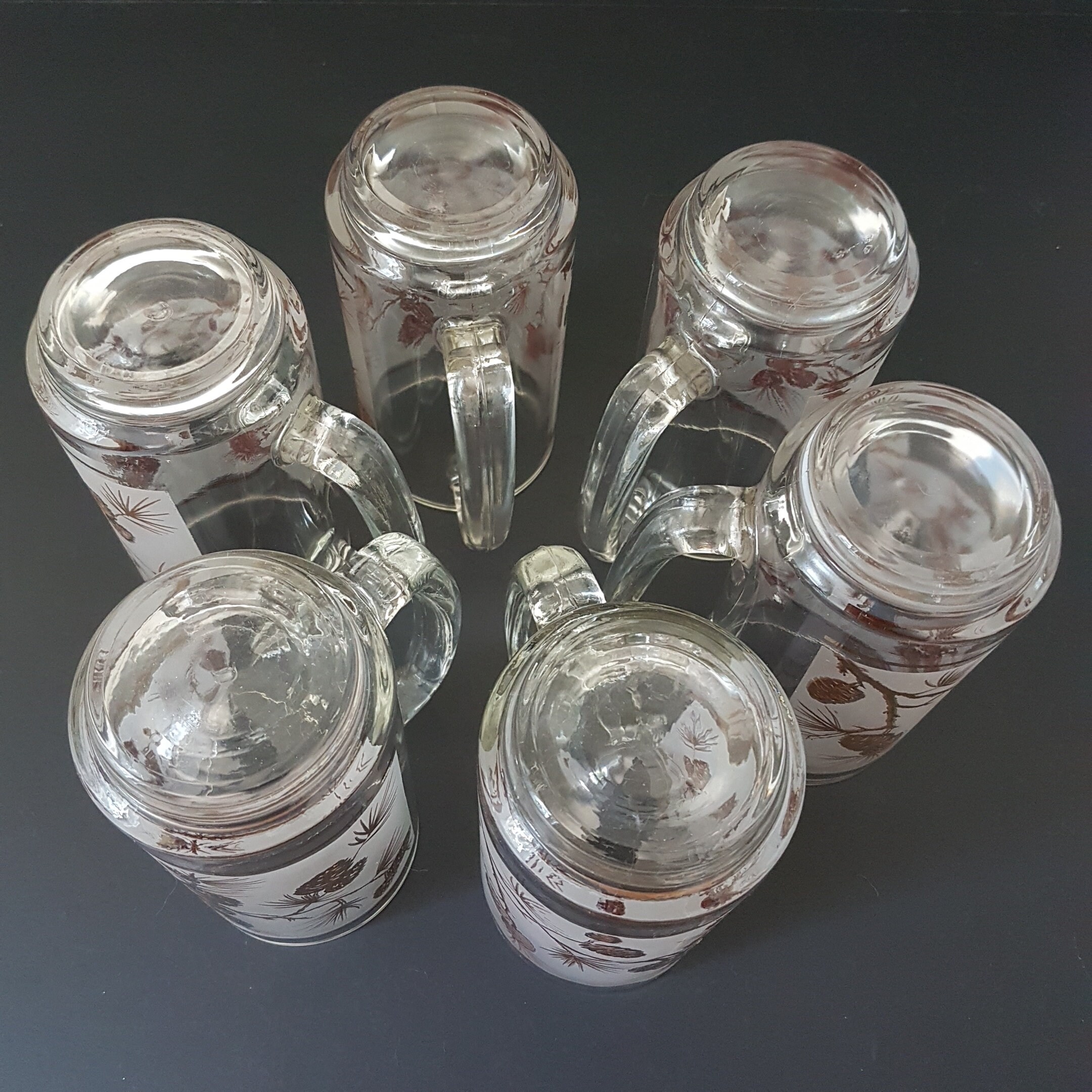 Glass Beer Mugs, Gold Pine Cones on Frosted Glass, Set of 6 Vintage Beer Glasses, Dominion