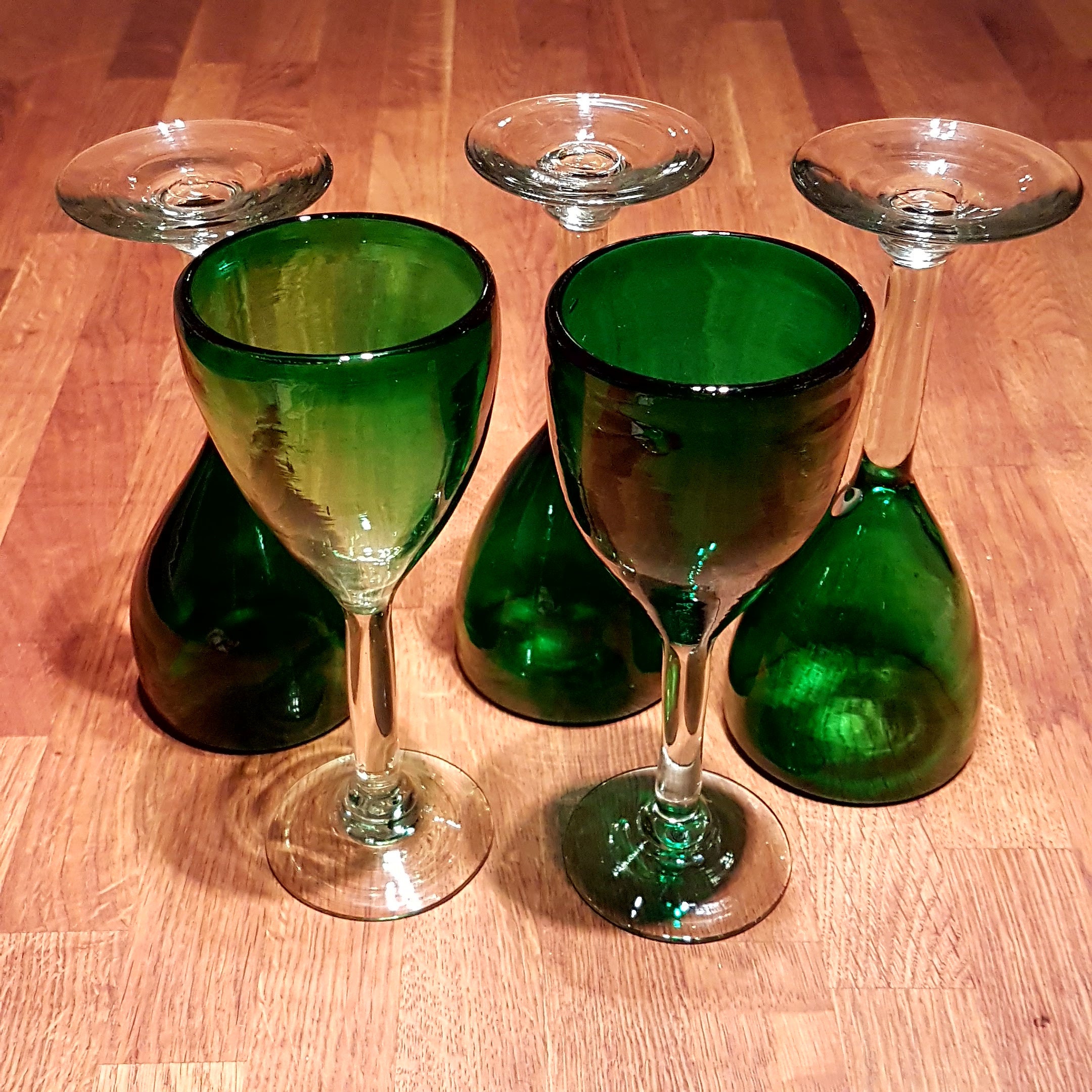 Set of 5 Green Hand Blown Wine Glasses