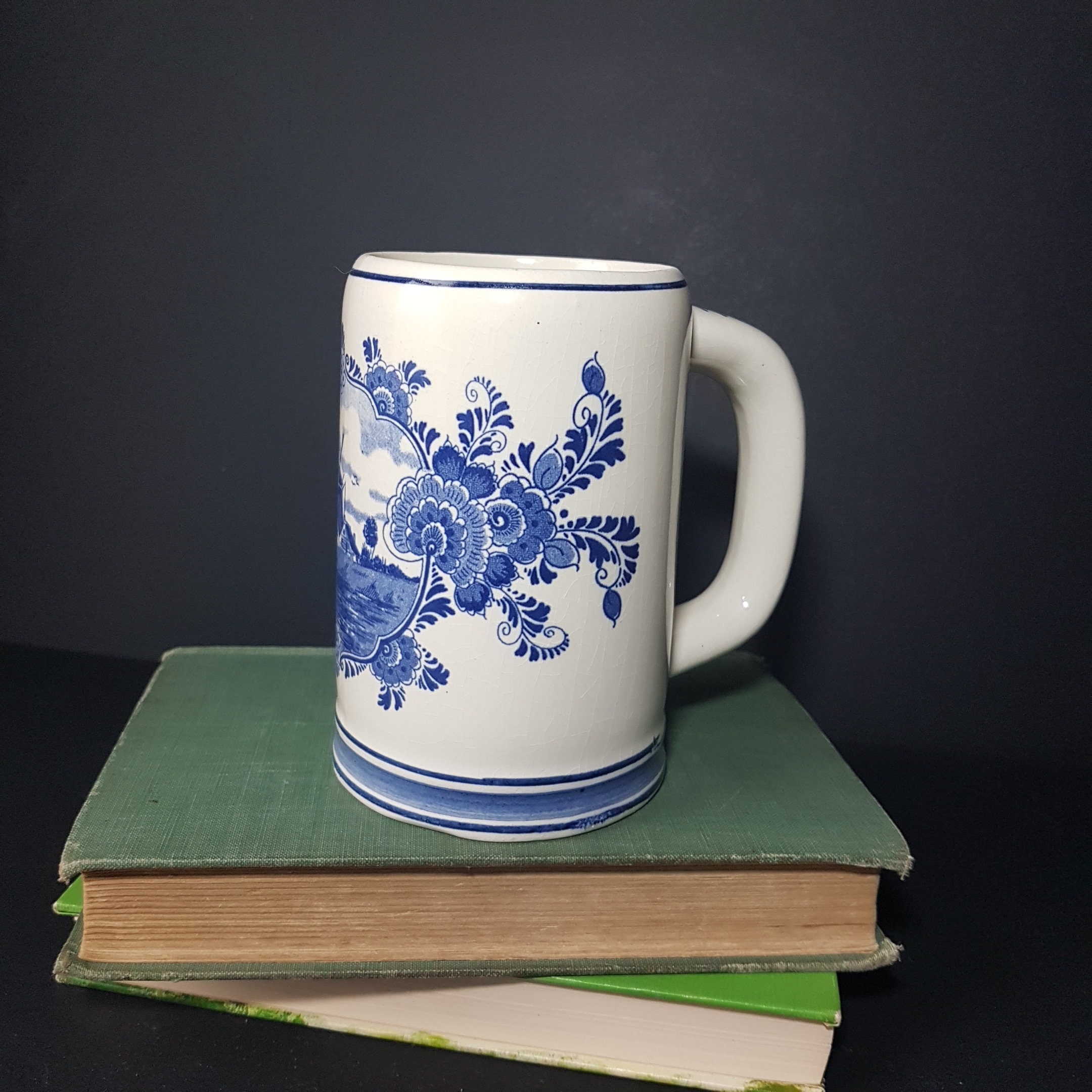 Delft Blue Beer Mug, Vintage Ceramic Pint Beer Stein, Coffee Mug, Hand