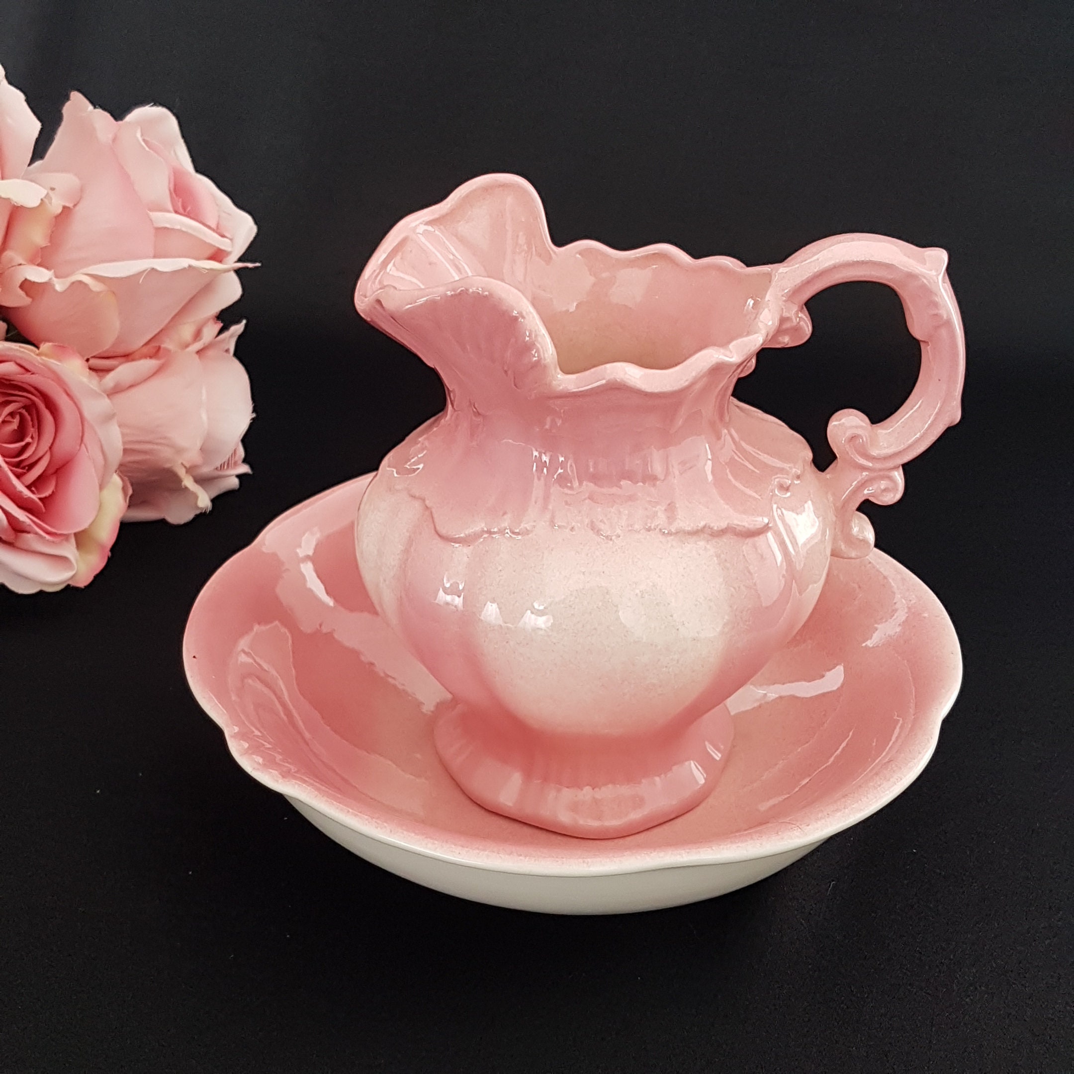 Arnels Pink Ceramic Wash Set, Arnels Pottery, Vintage Victorian Decor