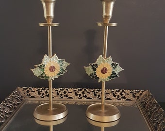 Pair of Tall Brass Candlesticks, Enameled Sunflower, 10" Candle Holder Set, Vintage Indian Brass, Yellow Flower