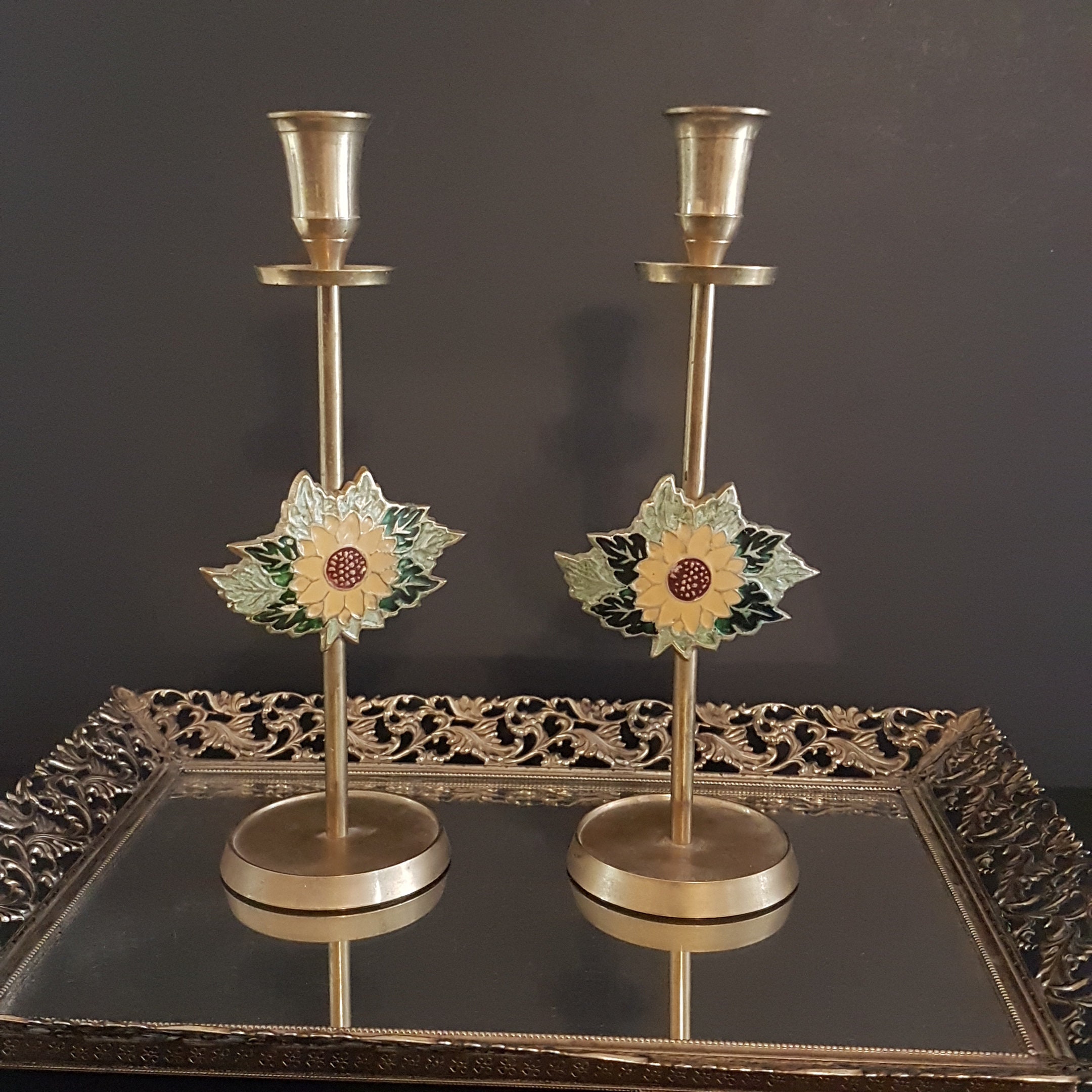 Pair of Tall Brass Candlesticks, Enameled Sunflower, 10 Candle Holder