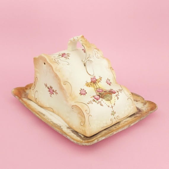 Antique Crown Devon Cheese Keeper Dish, Edwardian Blush Ware Covered Cloche Distressed Farmhouse Set