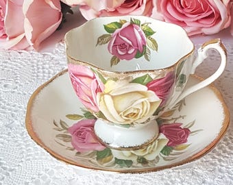 Vintage Queen Anne Lady Sylvia Teacup and Saucer,  English Bone China Pink Cabbage Roses