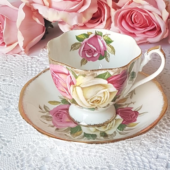 Vintage Queen Anne Lady Sylvia Teacup and Saucer,  English Bone China Pink Cabbage Roses