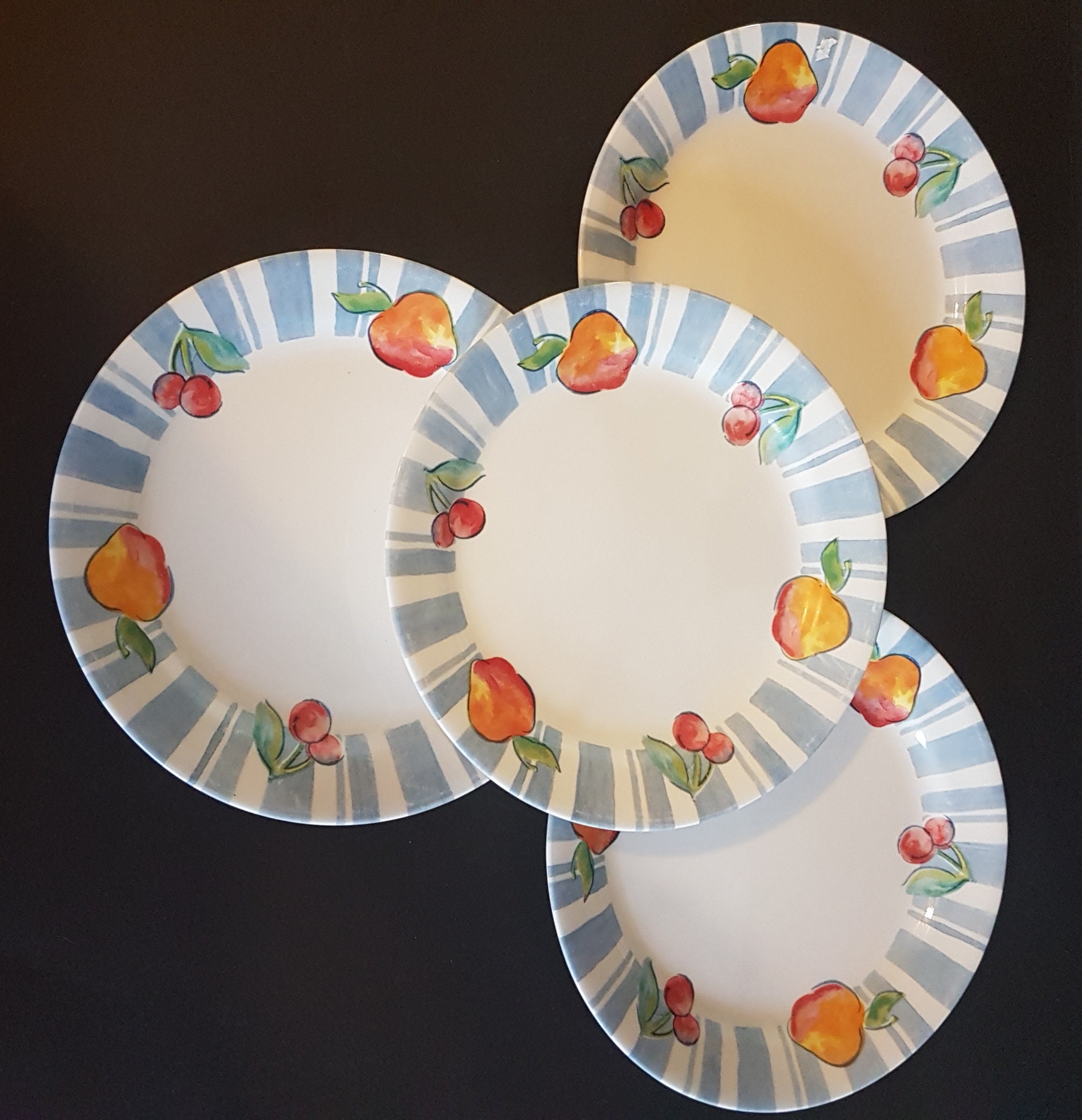 Corelle 9 Apple Peach Cherry Dinner Plates, Set of 4, Corelle Fruit Basket, Blue Band Rim