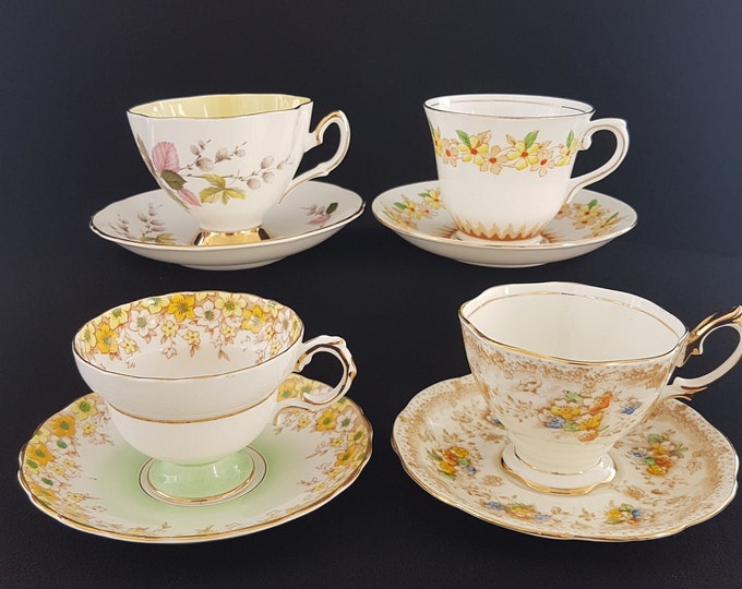 Lot of 4 Mismatched Yellow Tea Cups and Saucers, English Bone China, Afternoon High Tea Party