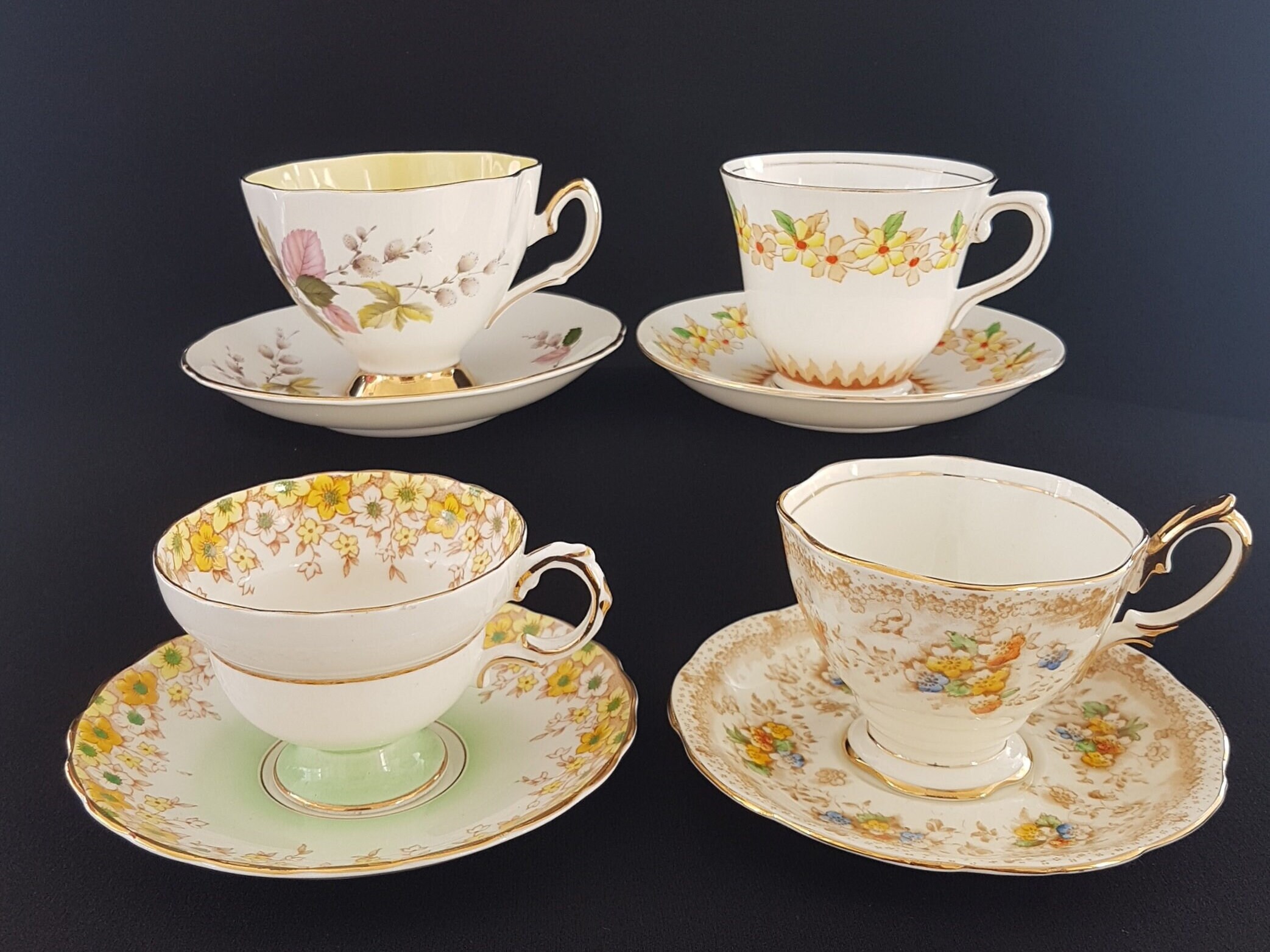 Lot of 4 Mismatched Yellow Tea Cups and Saucers, English Bone China
