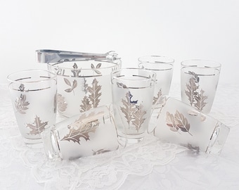Vintage Libbey Silver Foliage Ice Bucket and Tumbler Set, MCM Frosted Silver Leaf Glassware