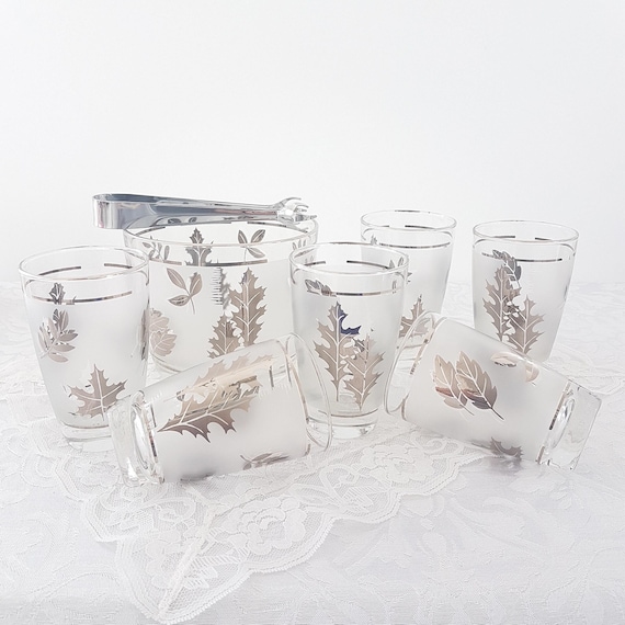 Vintage Libbey Silver Foliage Ice Bucket and Tumbler Set, MCM Frosted Silver Leaf Glassware