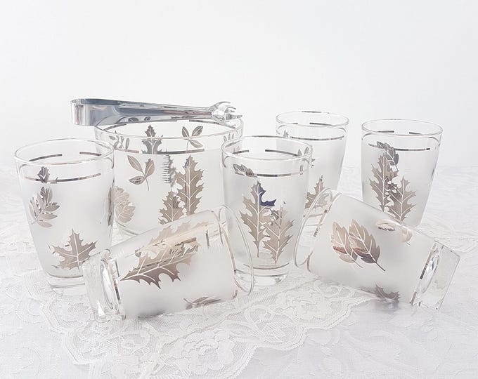Vintage Libbey Silver Oak Leaf Glass Tumbler Set with Ice Bucket