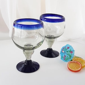2pc Handcrafted Mexican Blue Rim Beer Glasses Set - 20oz Hand Blown Glassware for Bar, Cocktails, Gifts