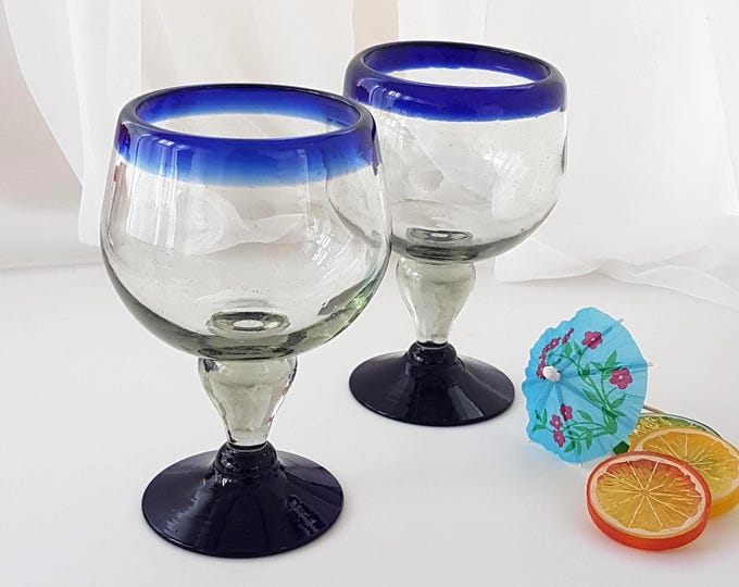 2pc Handcrafted Mexican Blue Rim Beer Glasses Set - 20oz Hand Blown Glassware for Bar, Cocktails, Gifts