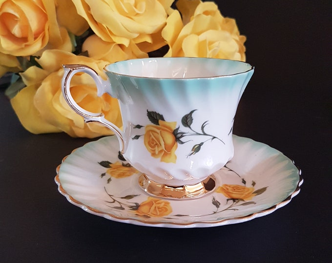 Queen Anne Tea Cup and Saucer, Vintage Bone China, Yellow Tea Rose, Green Fade Border, Swirled, Made in England, 1960s