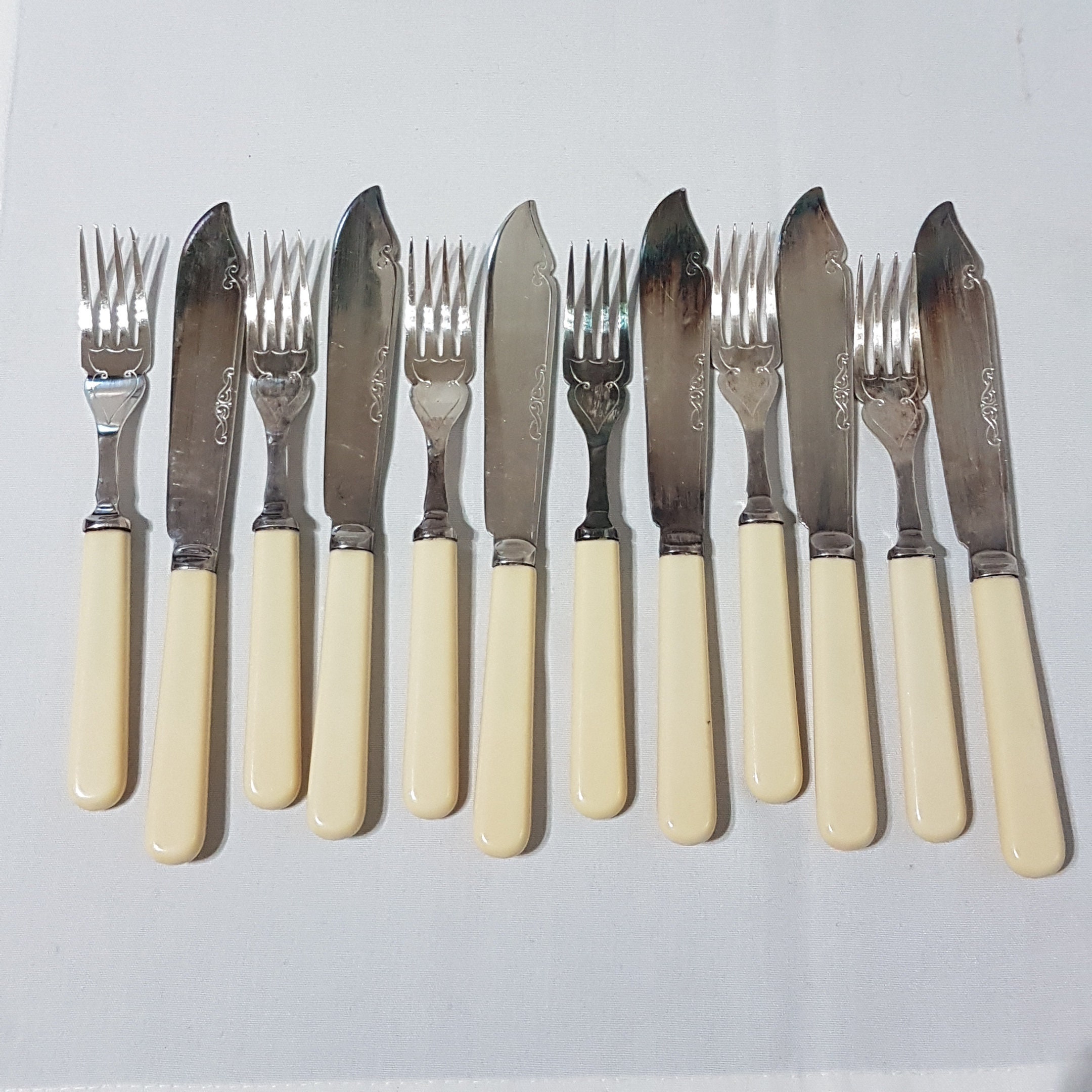 Set of 6 EPNS Fish Knives and Forks, Bone Fish Knife, Unique Cutlery,  Vintage Kitchen, 1940's