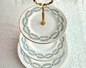 Vintage Bone China Cake Stand: Turquoise Blue Floral Dessert Server