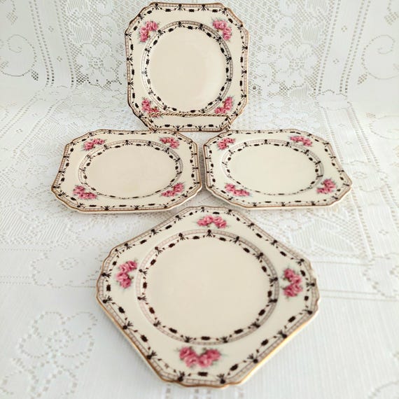 Set of 4 Vintage Thomas Hughes Coronation Rose 6" Octagonal Bread and Butter Plates