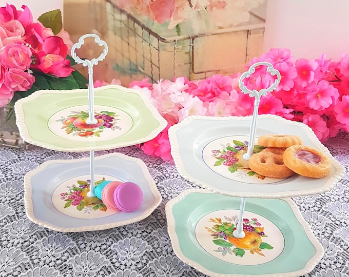 Custom Vintage Johnson Brothers California Plates 2-Tier Cake Stand for Desserts, Fruits, and Afternoon Tea