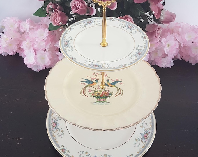 3 Tier Cake Stand, Floral & Birds Tiered Bridgerton Dessert Serving Tray