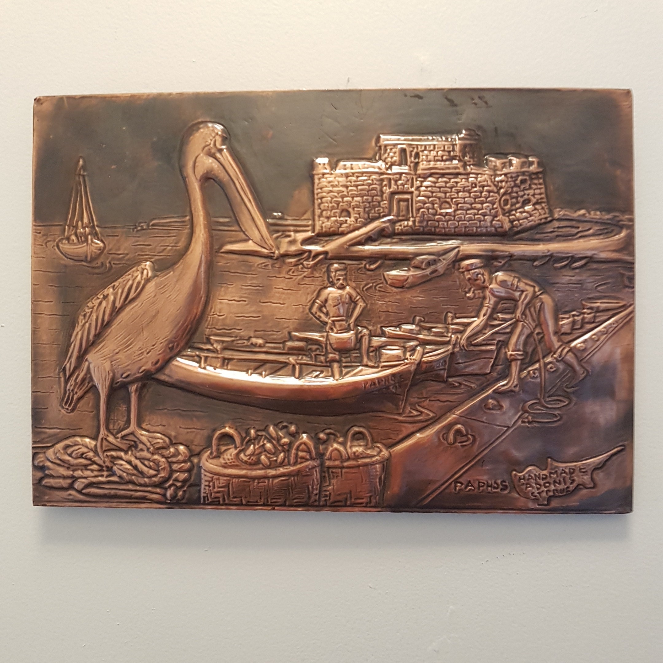 Halkoessa Greek Art, Copper Relief Wall Plaque, Copper Home Decor, Copper Nautical Fishing Boats