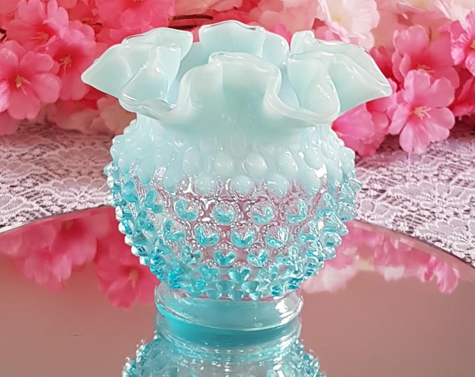 Vintage Fenton Aqua Blue Opalescent Hobnail Rose Bowl with Ruffled Edge - Mid-Century Glass Decor