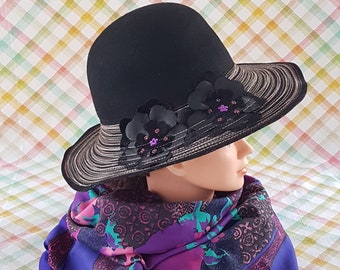 Cappello a tesa larga vintage, cappello blu navy con cuciture colorate sul bordo di Liz Clairborne, cappello autunno inverno da 21,5" o 54 cm