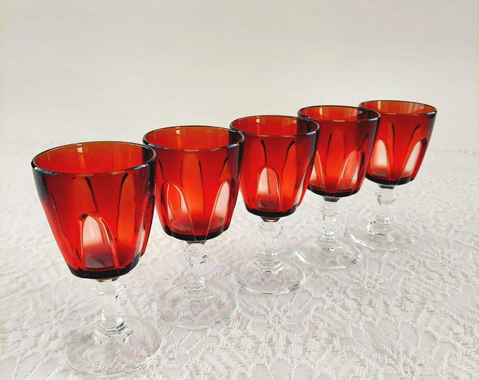 Vintage Ruby Red Liqueur Glasses Set of 5 | Cristal d'Arques French Crystal