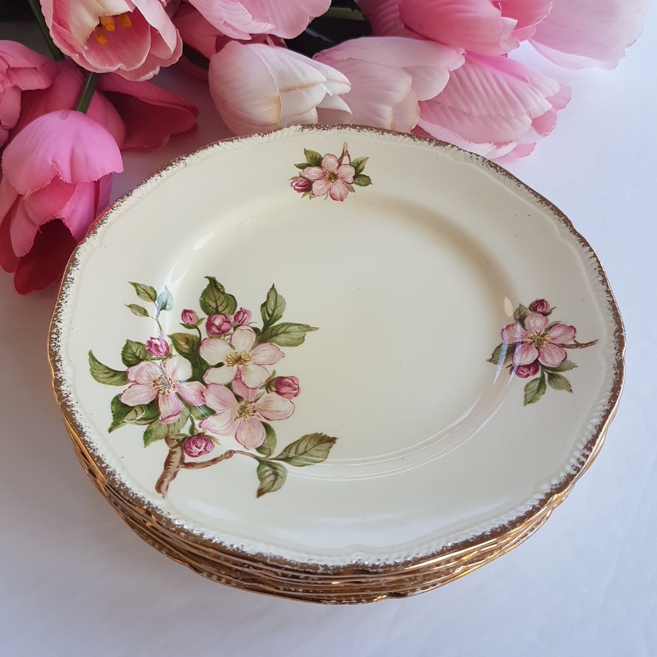 Royal Swan BLOSSOMTIME, 7 Side Plates, Set of 5, Pink Cherry Blossoms