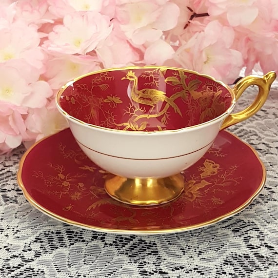 Coalport Cairo Maroon Red Gold Tea Cup & Saucer Made in England