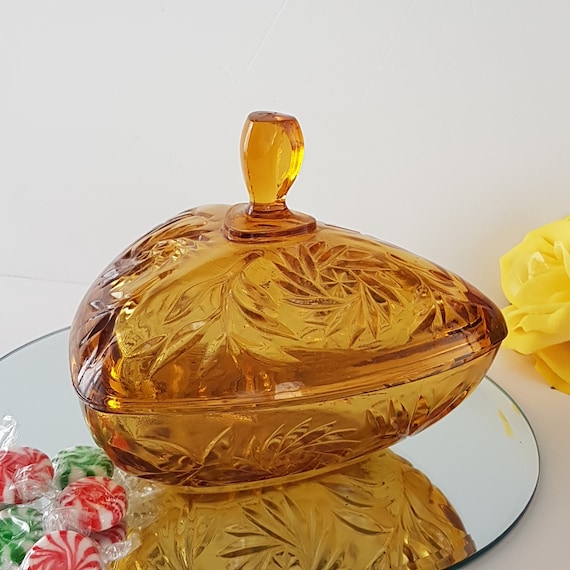 Vintage Hazel Atlas Granada Gold Candy Dish Colonial Pinwheel Pattern Amber Glass with Lid