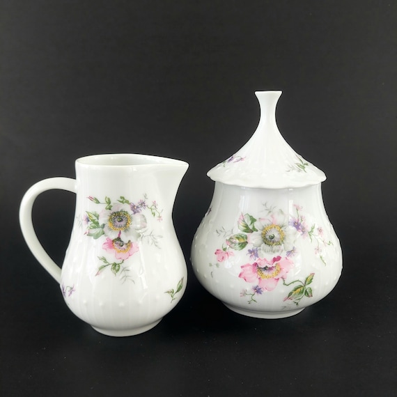 Vintage Georges Boyer Limoges Eglantine Porcelain Creamer and Covered Sugar Bowl Set France
