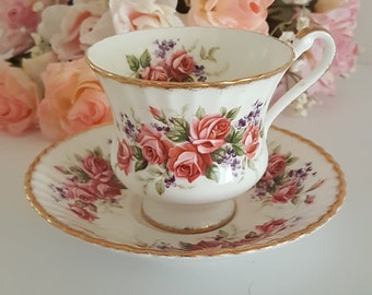 Tea Cup and Saucer, Paragon Bone China, Pink Roses, Purple Flowers, England, FLAWED, 1957+