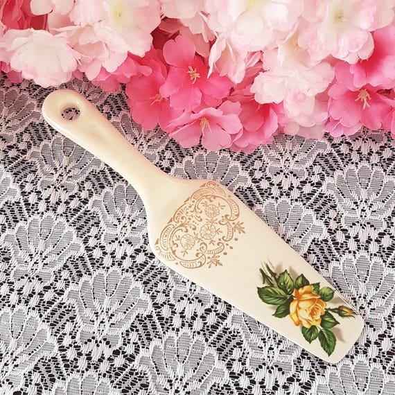 Vintage Georgian China Cake Server, Yellow Rose Porcelain, 22kt Gold, USA