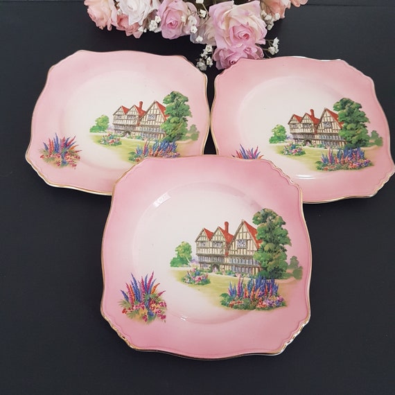 Royal Winton Grimwades Dessert Plates: Pink Old English Manor Set of 3
