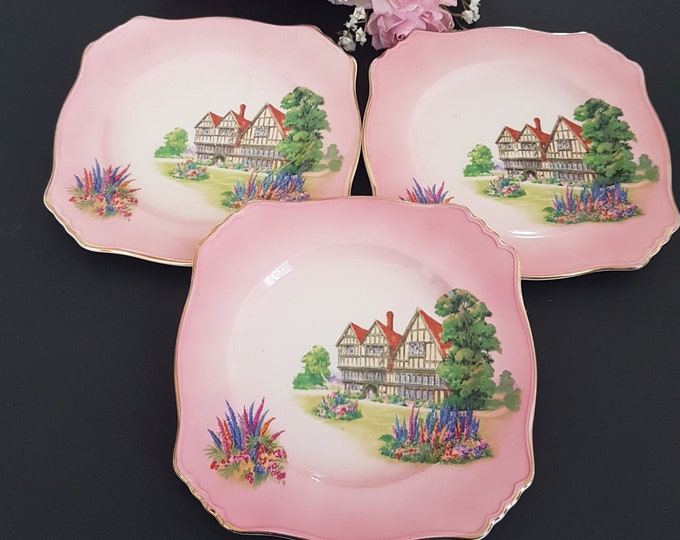 Royal Winton Grimwades, OLD ENGLISH MANOR HOuSE, 8 Inch, Desert Plates, Set of 3, Pink Rim, England