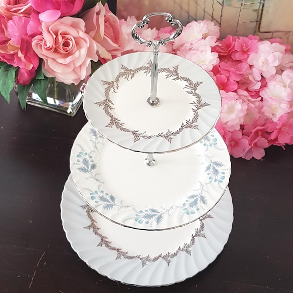 Elegant 3-Tier Cake Stand: Gray-Blue & Silver Bridgerton-Inspired Dessert Serving Tray