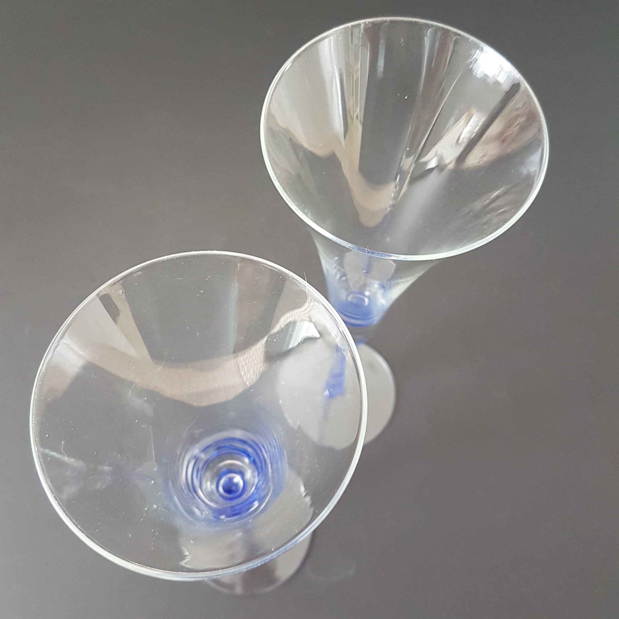 Hand Blown Glass Champagne Flutes with Twisted Blue Stems, Set of 2