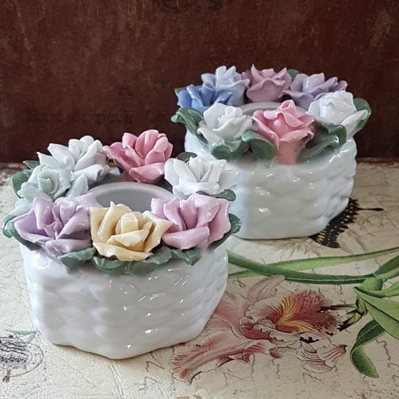 Hand-Molded Porcelain Flower Candle Holder Set of 2