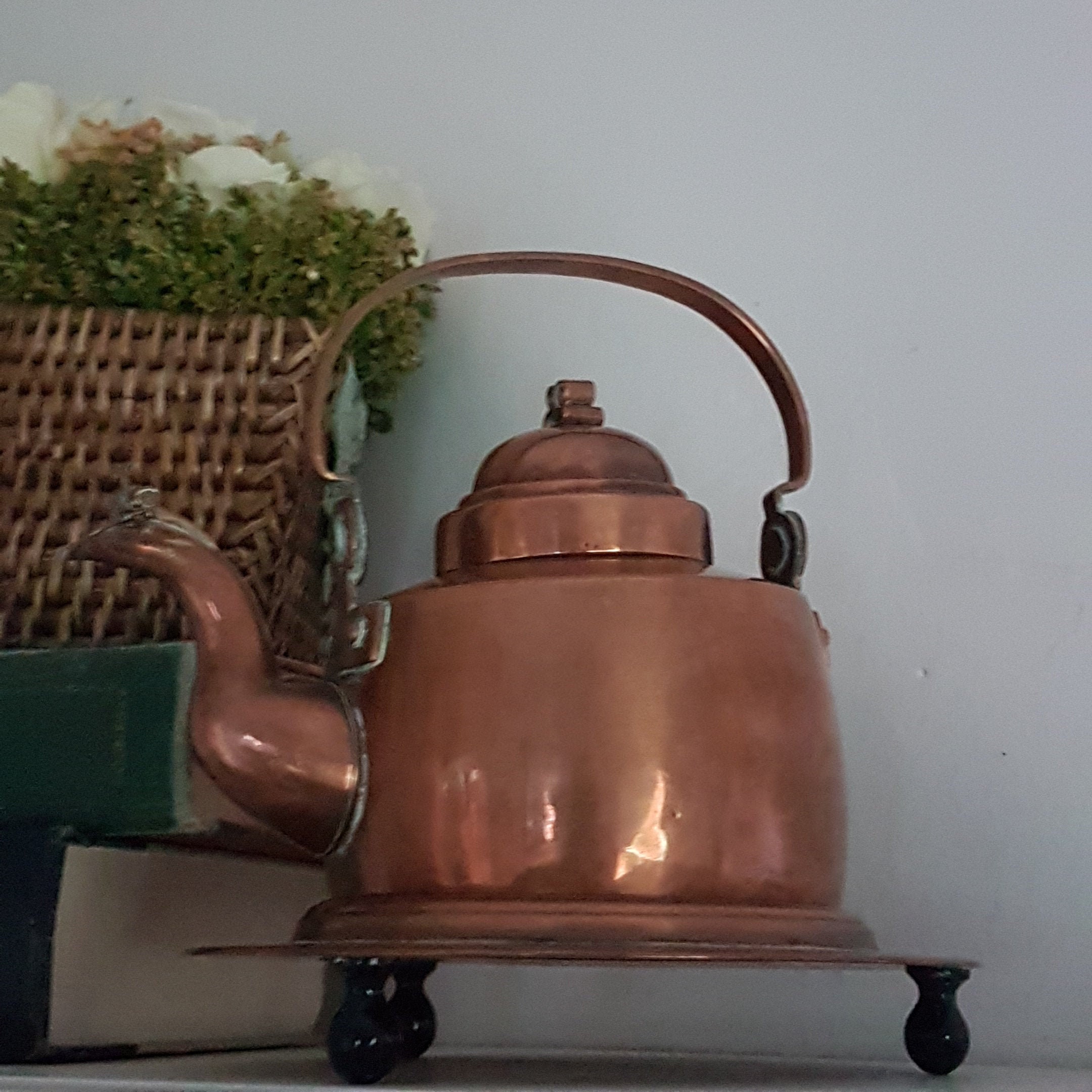 Vintage Copper Stovetop Tea Kettle with Copper Stand, Hinged Spout Lid