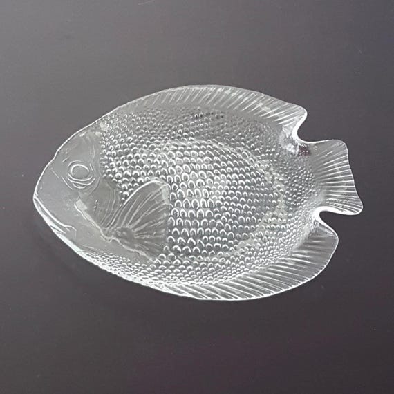4pc Vintage Arcoroc France Fish-Shaped Clear Glass Dinner Plates Set French Glassware