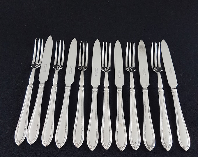 12 Pc Vintage Dessert Cutlery Set, Tea Party Service for 6, EPNS England Yeoman Silver Plate, Forks, Spreader Knives