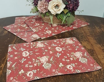 Fabric Placemats, Burgundy Red with Pink Roses, Set of 4 Vintage Placemats