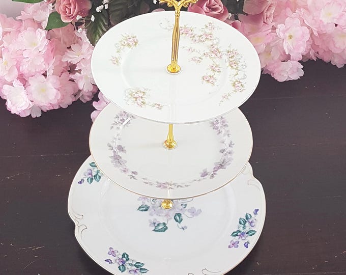 3 Tier Serving Tray of Pink Mauve Mismatched Floral Plates, Porcelain Cake Stand