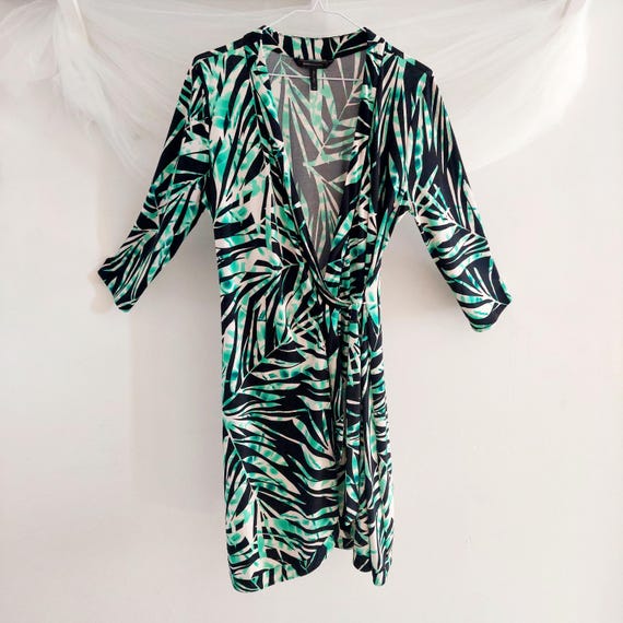 Vintage BCBGMAXAZRIA Green Palm Leaf Wrap Dress Y2K Designer Tropical Summer Midi Size Medium