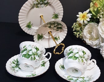 Afternoon Tea Party for Two, Royal Albert TRILLIUM Tea for 2 with Matching Tea Cups and Tier Cake Stand