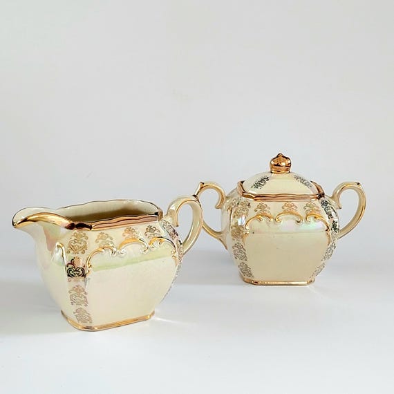 Vintage Sadler England Iridescent Pearl Cube Creamer and Covered Sugar Bowl Set with Gold