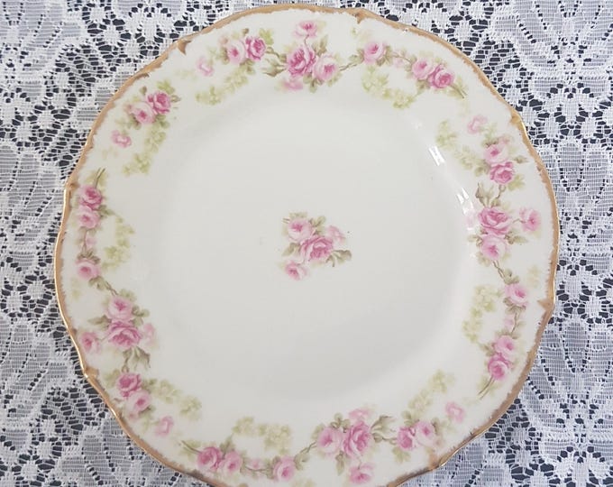4pc Elite Works Limoges Dessert or Side Plate Set, Big Pink Roses with White Floral Swag