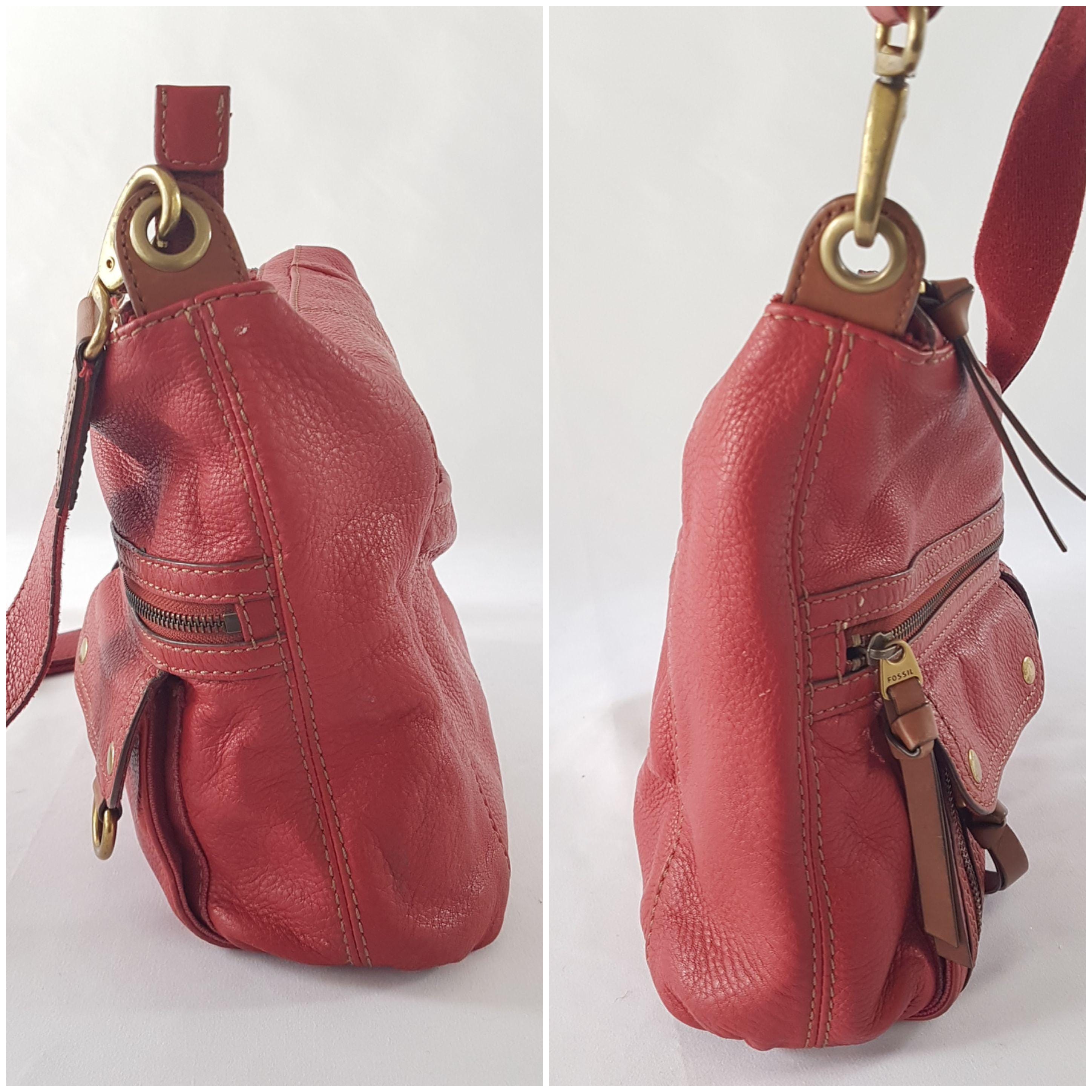 Vintage Fossil Red Leather Crossbody Bag with Adjustable Shoulder Strap
